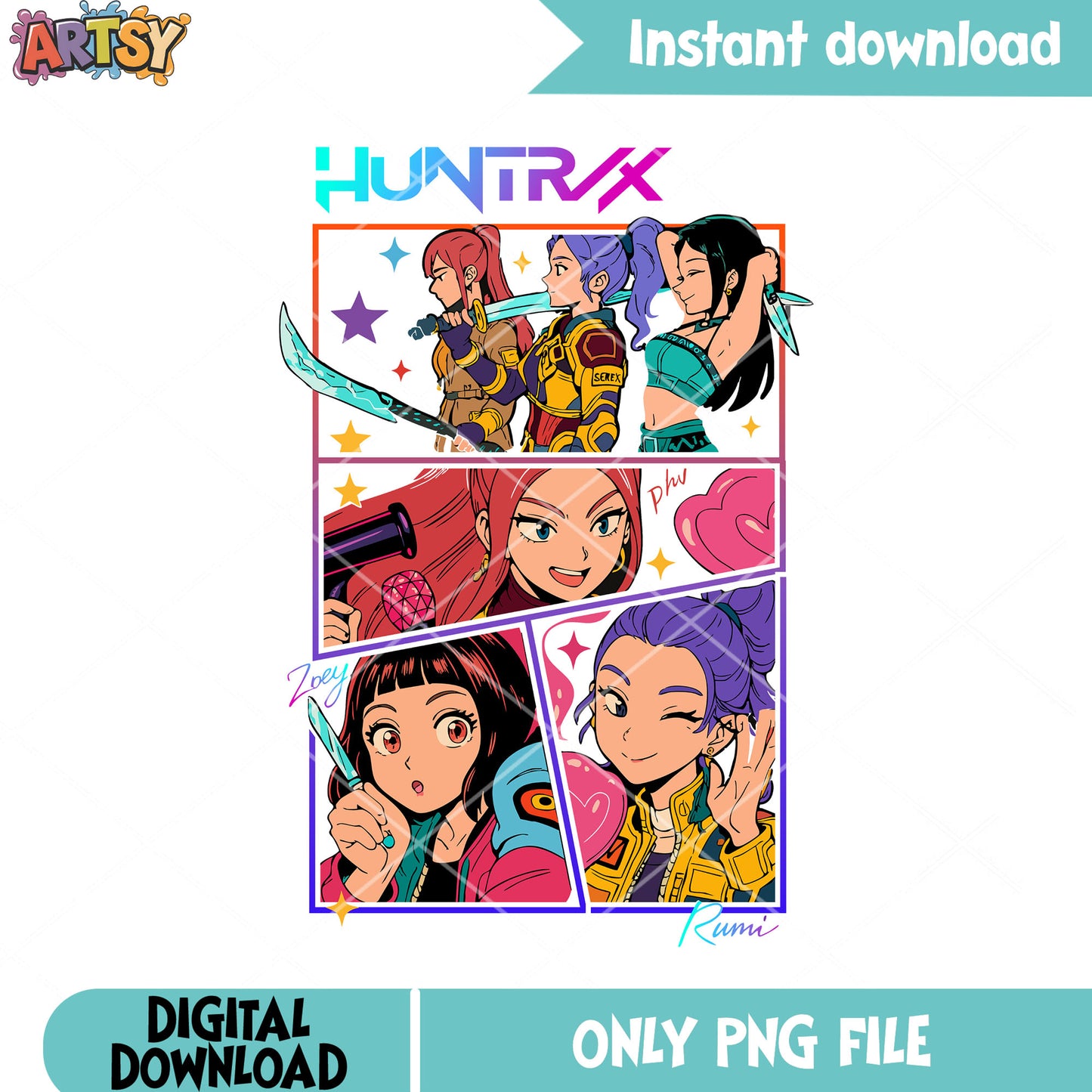 Huntrix girls poster png, girls poster png, anime girls png