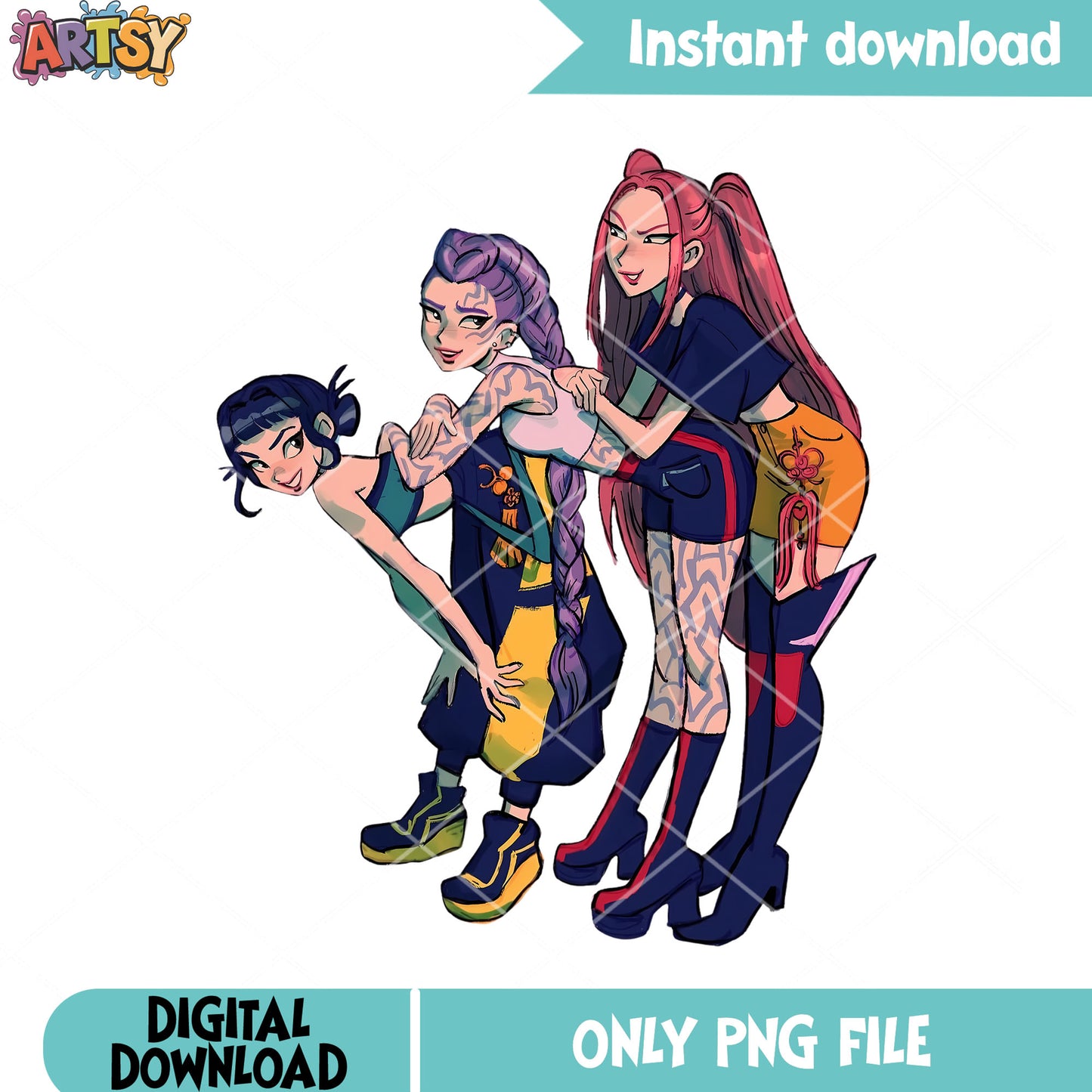 Huntrix group kpop pose png, girls fashion png, poster fashion png