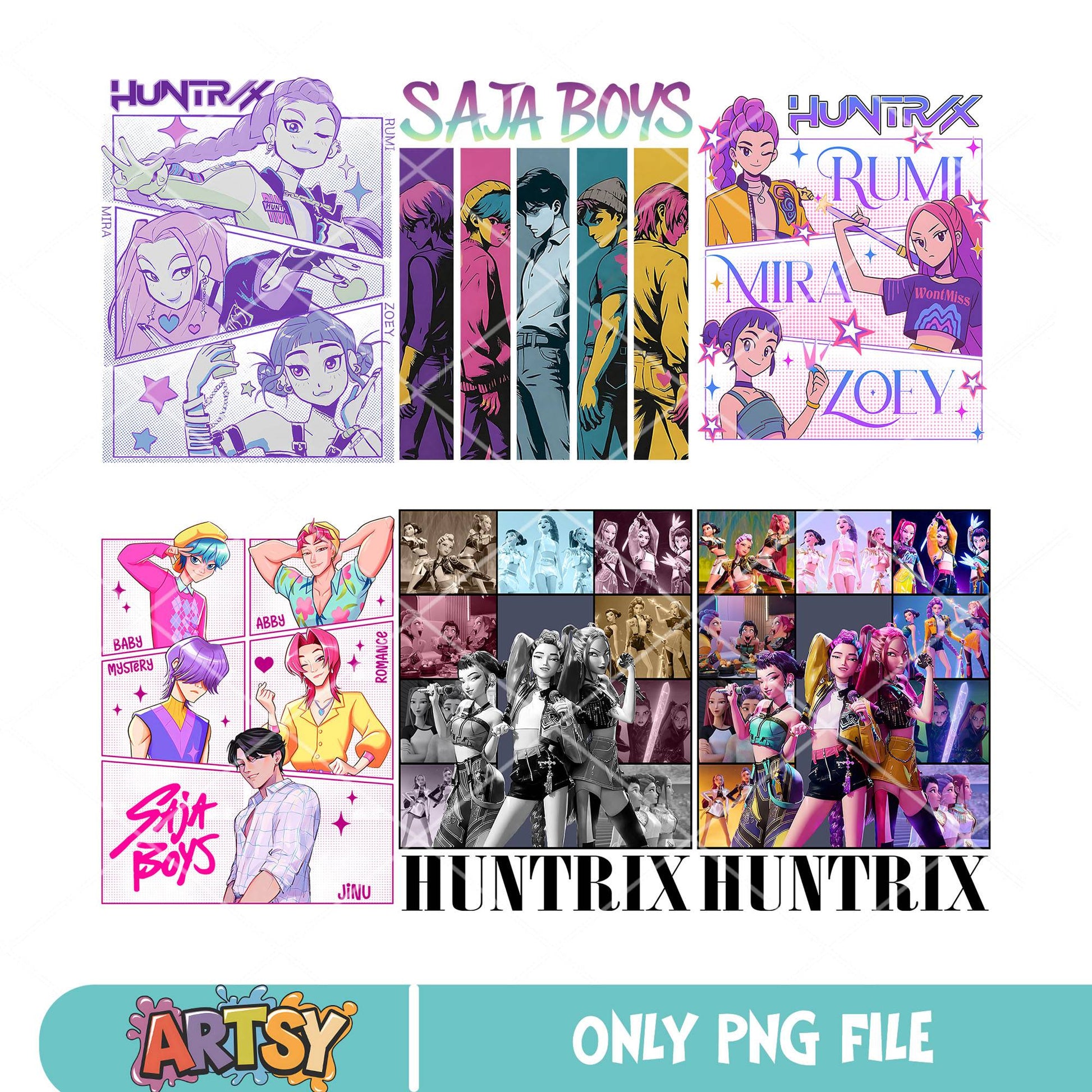 Huntrix kpop cartoon png bundle, Demon Hunter png, huntrix band png