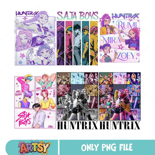 Huntrix kpop cartoon png bundle, Demon Hunter png, huntrix band png
