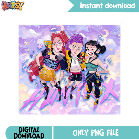 Huntrix kpop girls png, anime huntrix poster png, mira rumi png