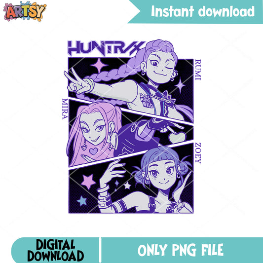 Huntrix kpop poster png, huntrix movie png, kpop demon hunters png