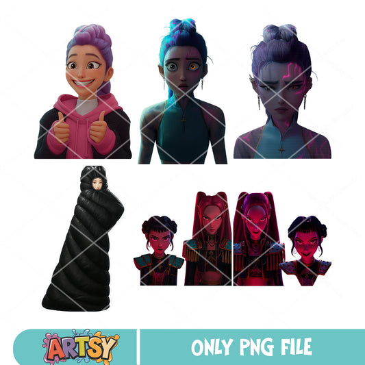 Huntrix kpop rumi png bundle, huntrix kpop png, kpop demon hunters png