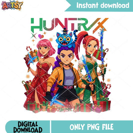 Huntrix little girl png, kpop demon hunters cat png, derpy png