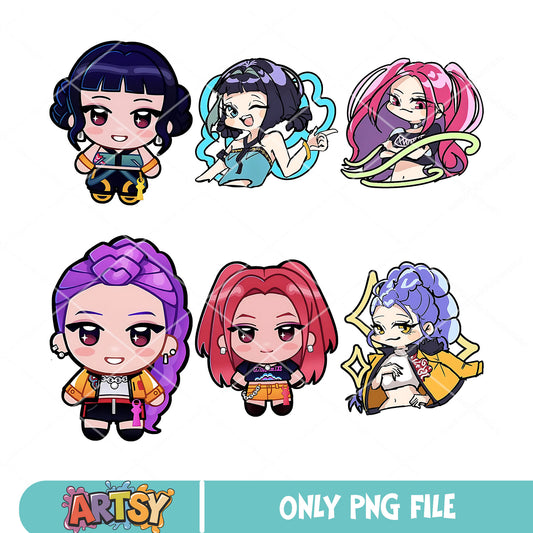 Huntrix member chibi png bundle, huntrix band png, kpop hunters png