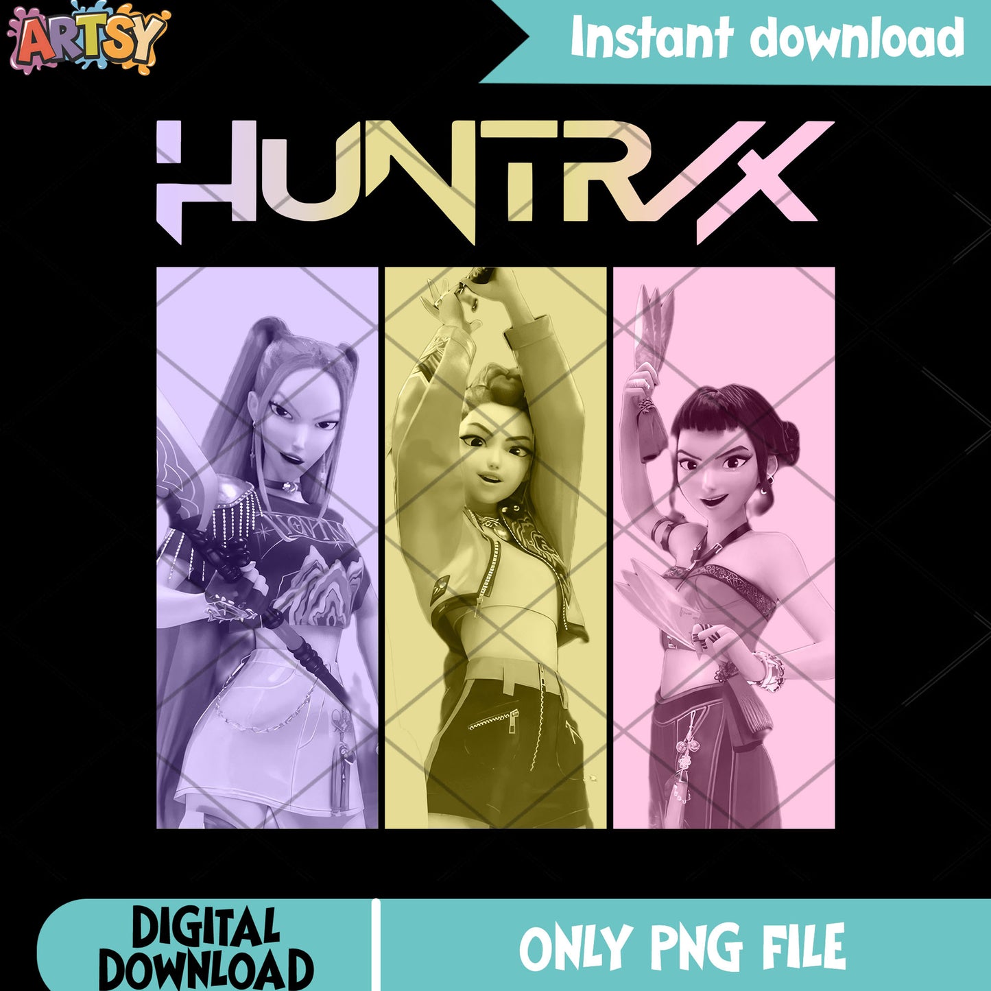 Huntrix poster design png, huntrix band png, kpop demon hunters png