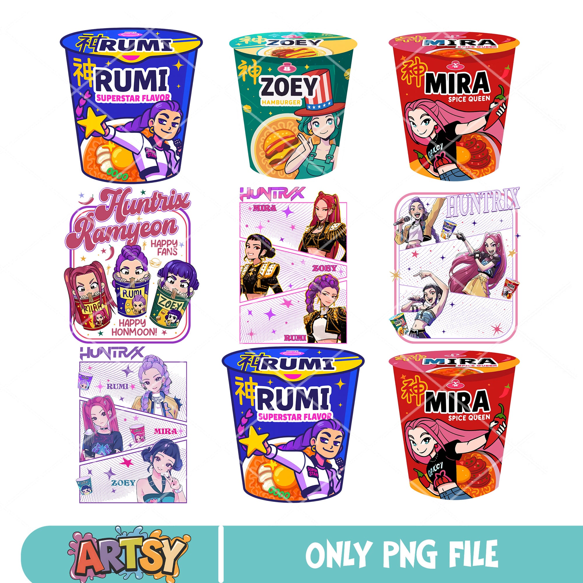 Huntrix ramyeon bundle png, huntrix team png, huntrix kpop png – Artsysvg