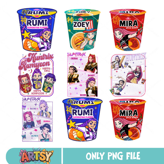 Huntrix ramyeon bundle png, huntrix team png, huntrix kpop png