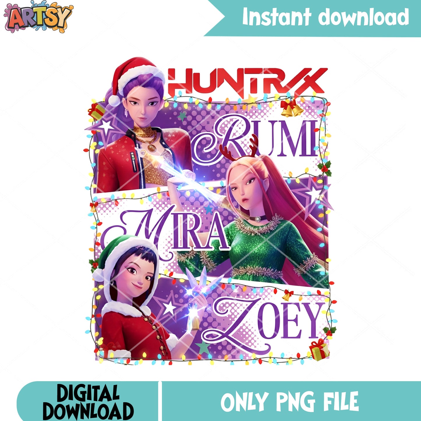 Huntrix rumi mira zoey noel png, kpop demon hunters png, christmas png