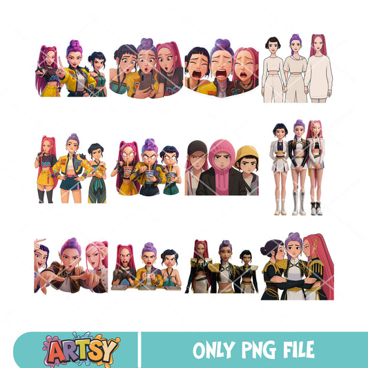 Huntrix team cute png bundle, huntrix kpop png, kpop hunters png