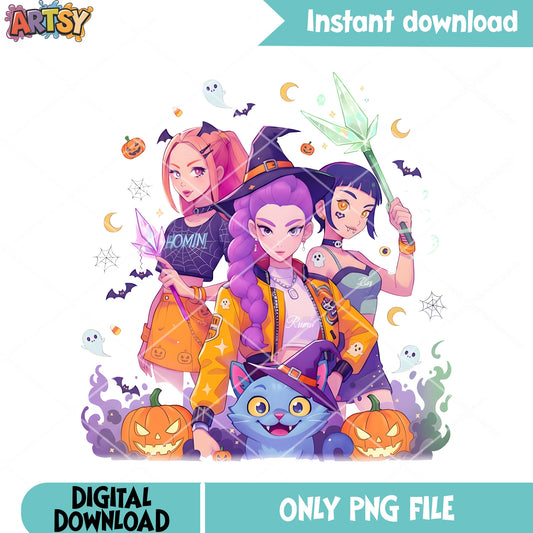 Huntrix team halloween night png, demon hunter kpop png, derby cat png