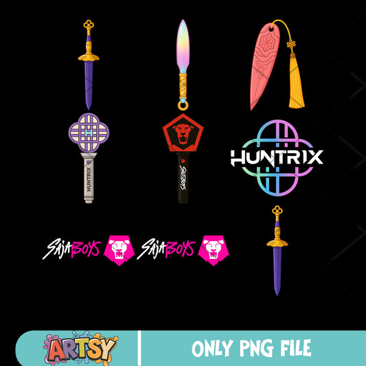 Huntrix weapon bundle png, saja boys logo png, kpop huntrix png