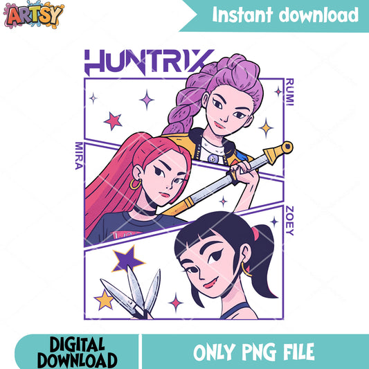 Huntrix weapons poster png, anime girls weapons png, weapons png