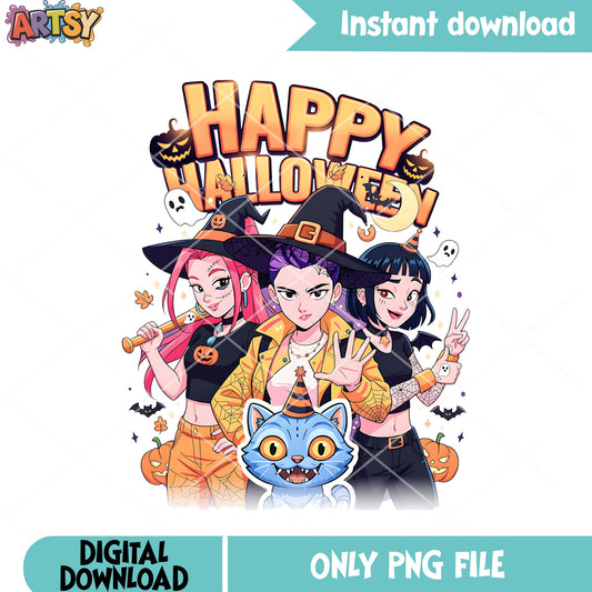 Huntrix witches party png, scary halloween png, derby cat png