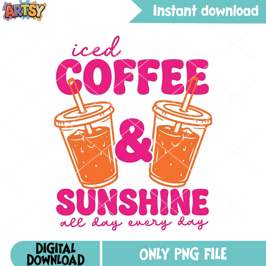 Iced coffee and sunshine png, children's art kits​ png, beach vibes png