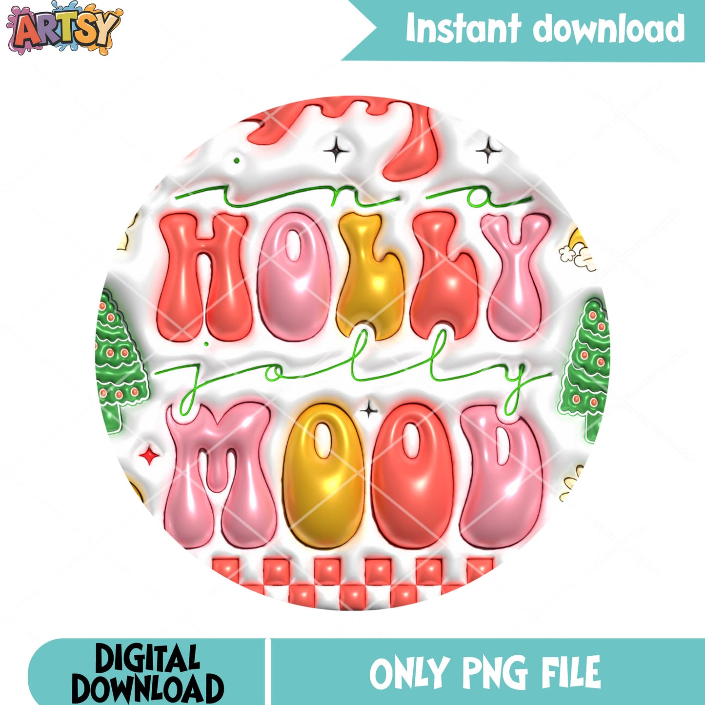 In a holly jolly mood png, holly jolly puff png, checkered pink png