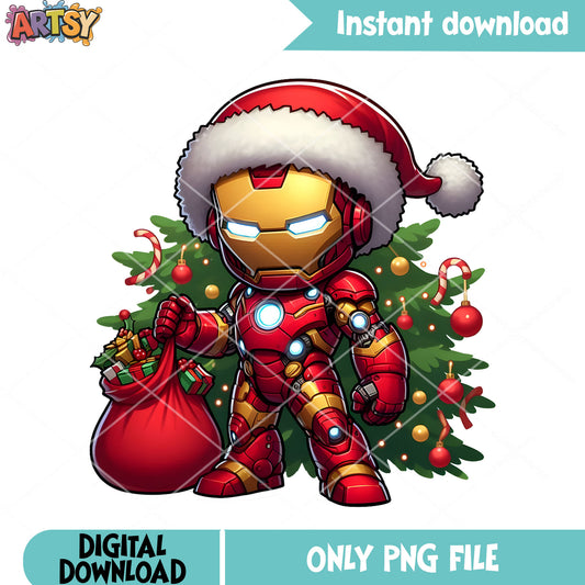 Iron man santa claus gift png, chibi santa tree png, gift sack png