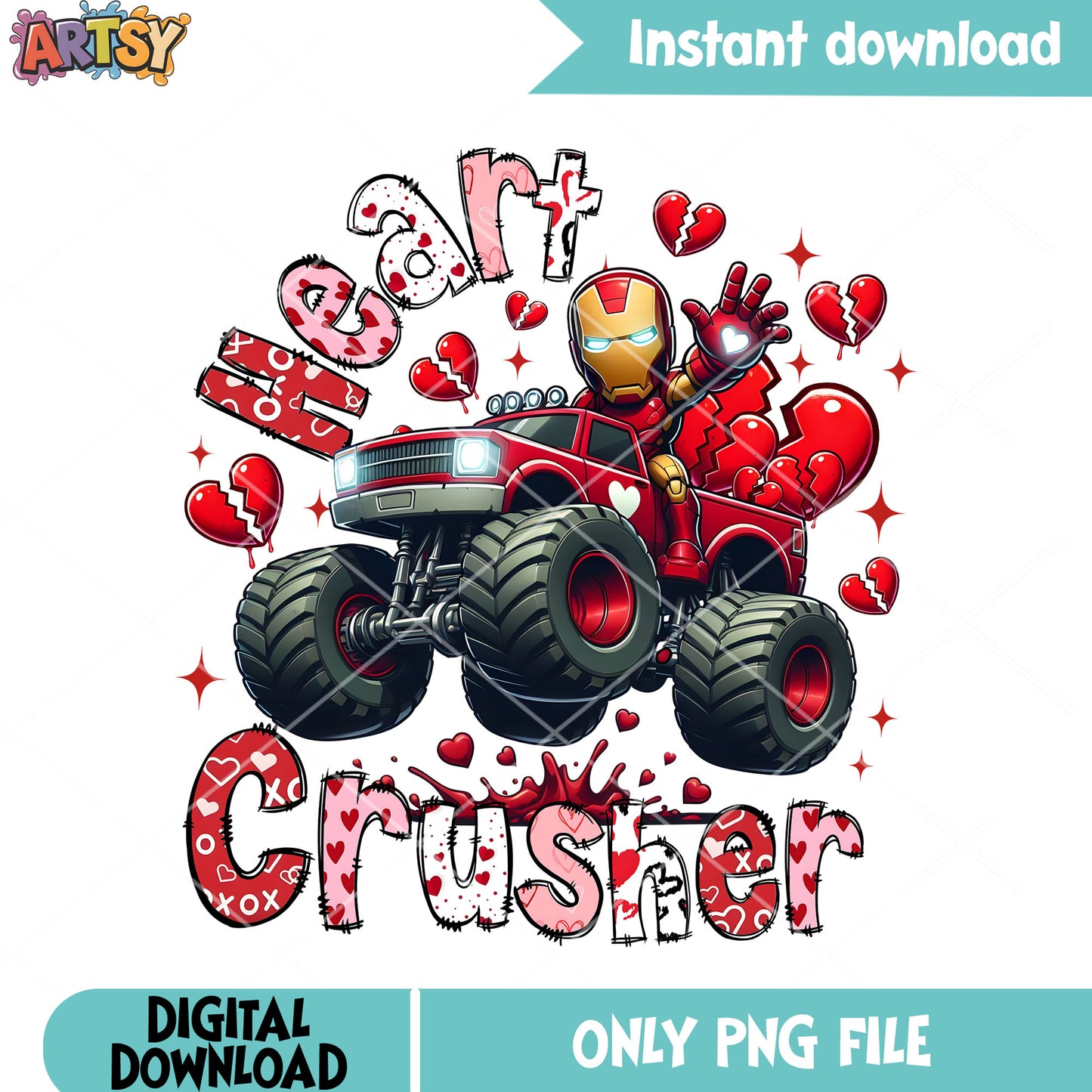 Iron monster truck valentine png, iron man png, marvel valentine png