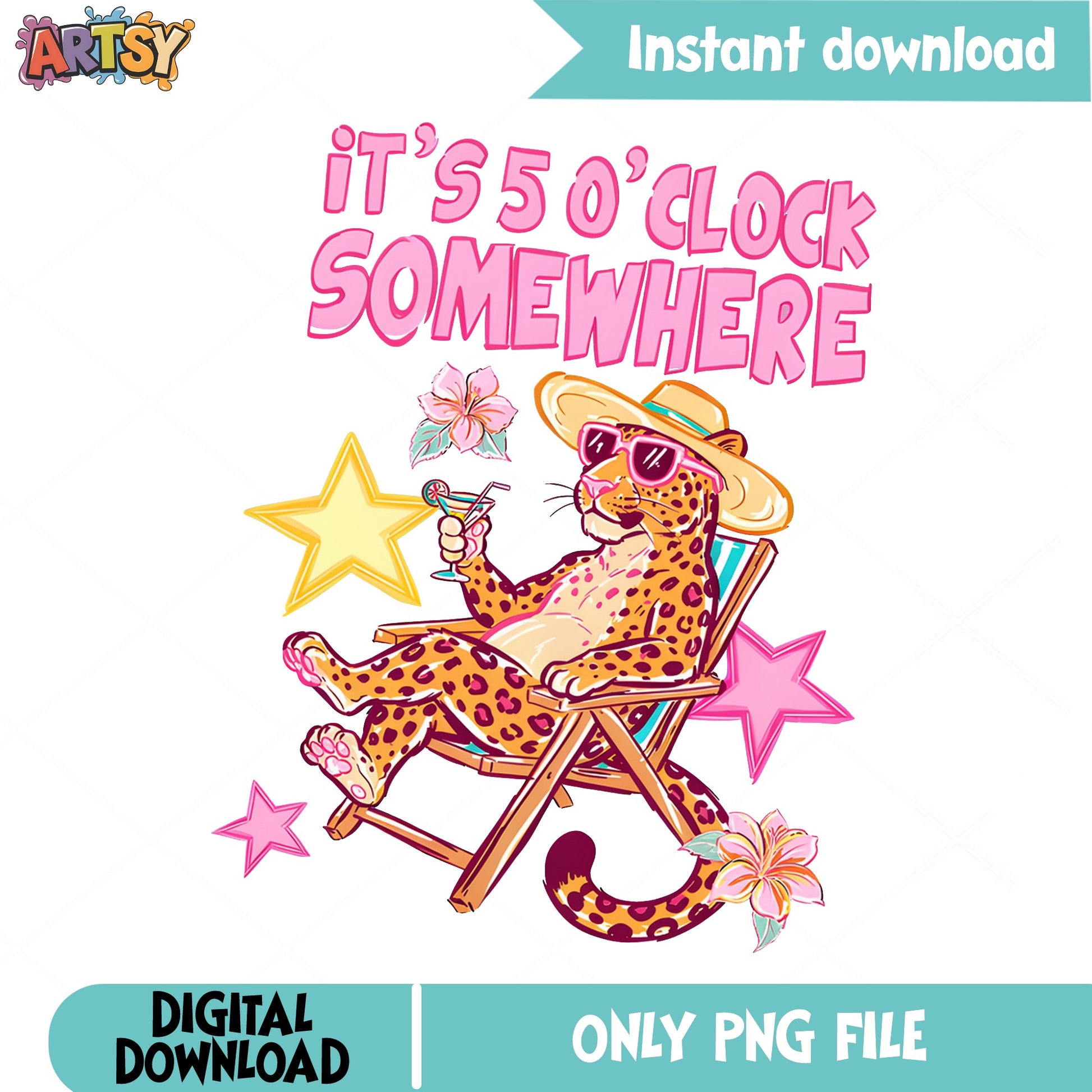Its 5 Oclock Somewhere PNG, Leopard Summer Beach PNG, Funny Cheetah PNG