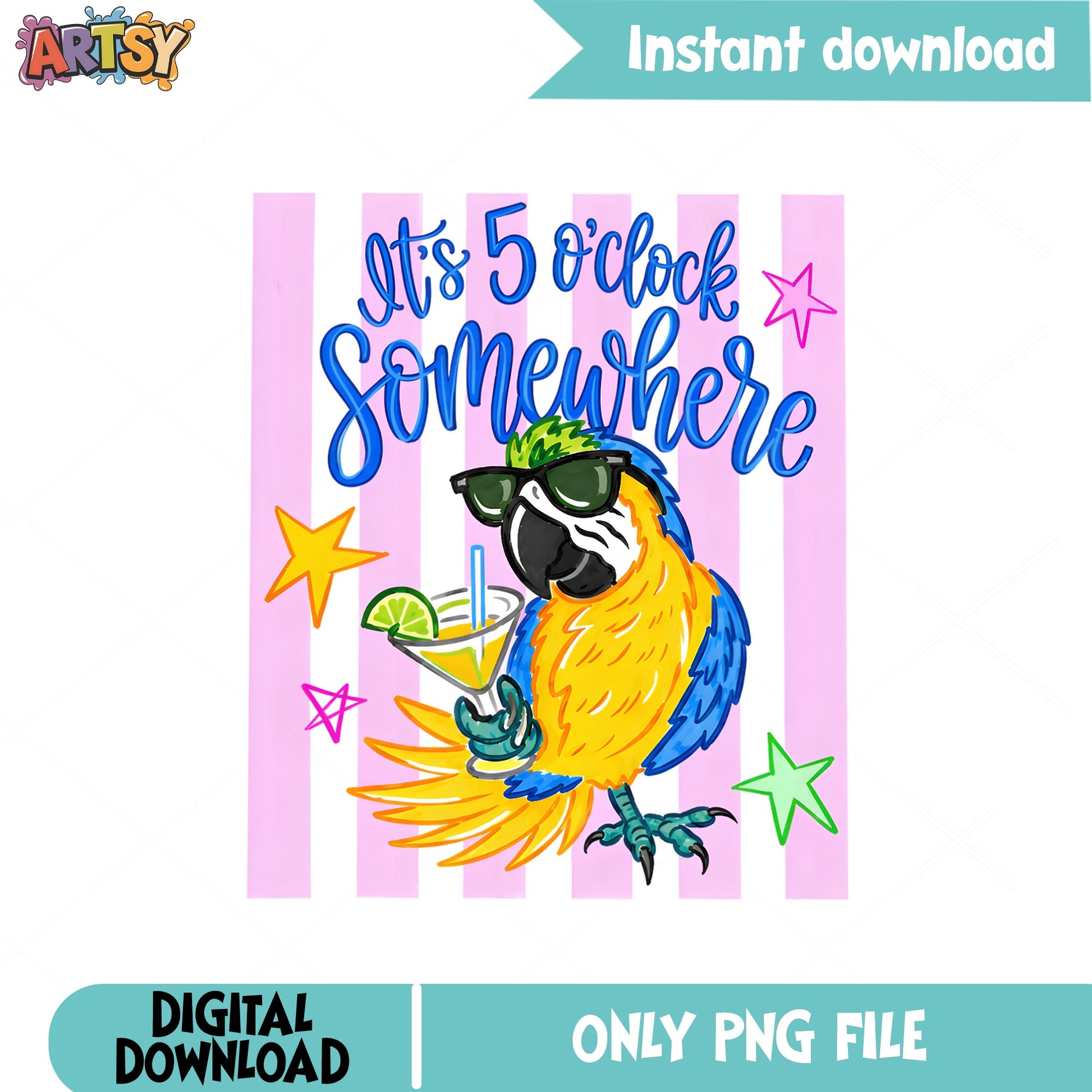 Its 5 Oclock Somewhere Parrot PNG, Funny Summer Drink PNG, Tropical Bird PNG