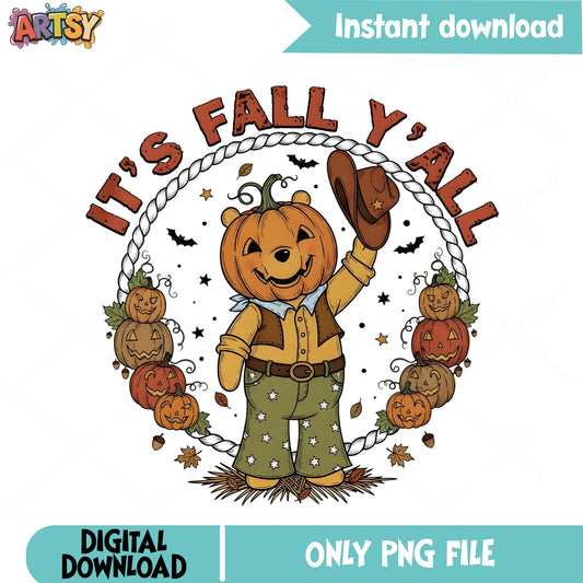 Its Fall Yall Pumpkin Cowboy PNG, Halloween Fall PNG, Autumn PNG