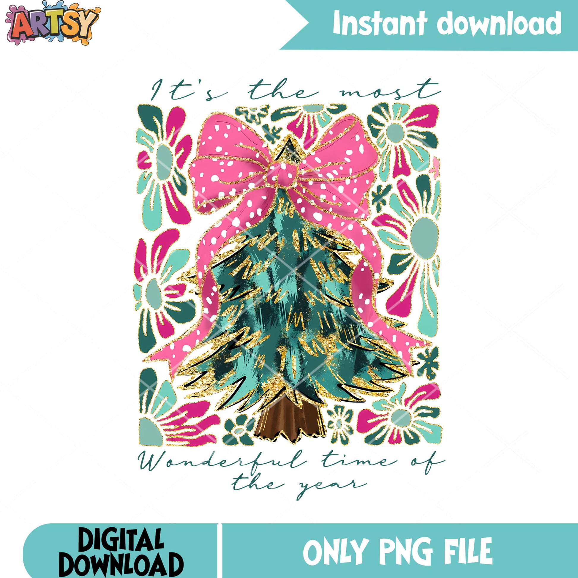Its the most wonderful time of the year png, tree bow christmas png