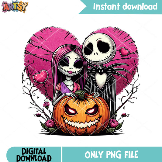 Jack skeleton and sally png, pink heart png, scary halloween png