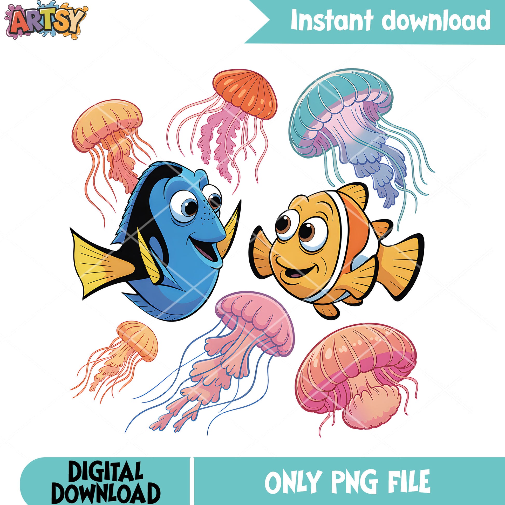 Jellyfish duo fish png, clownfish marlin png, disney dory png