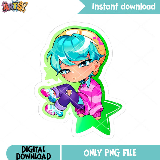 Jimin anime kpop png, jimin blue hair png, jimin kpop png