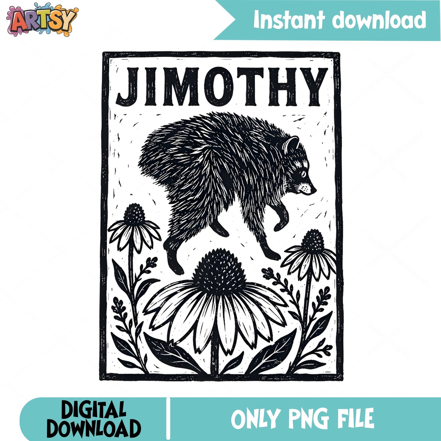 Jimothy Possum Vintage Floral PNG, Opossum Retro PNG, Funny Raccoon PNG