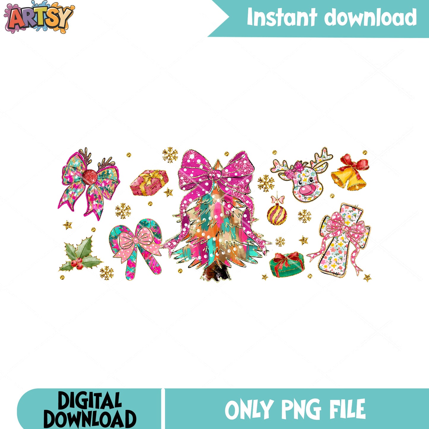 Jingle bell christmas pine tree png, christmas vibes png, reindeer png