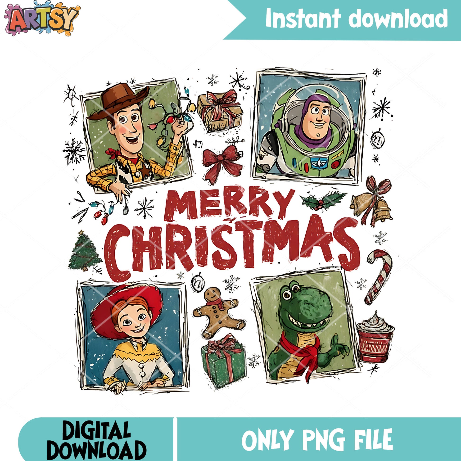 Jingle bell disney christmas png, toy story png, christmas gifts png