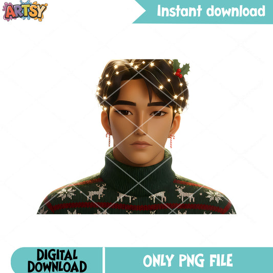 Jinu in sweater Christmas png, kpop demon hunters png, christmas png