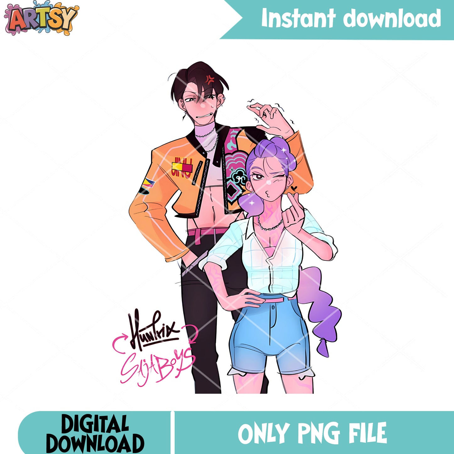 Jinu teasing rumi pose png, couple cute png, huntrix saji boys png