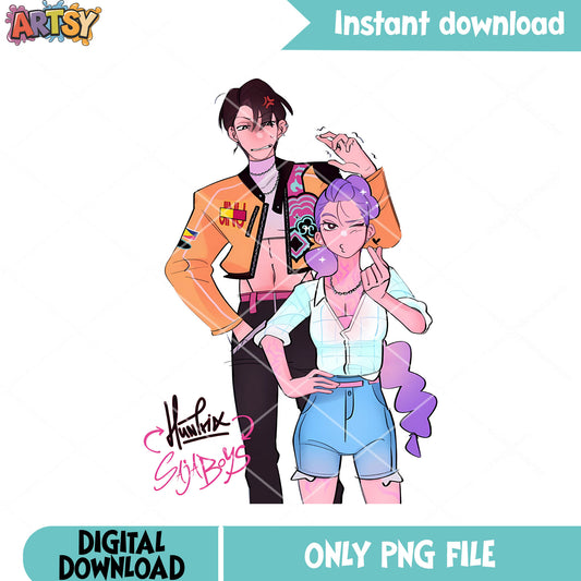 Jinu teasing rumi pose png, couple cute png, huntrix saji boys png