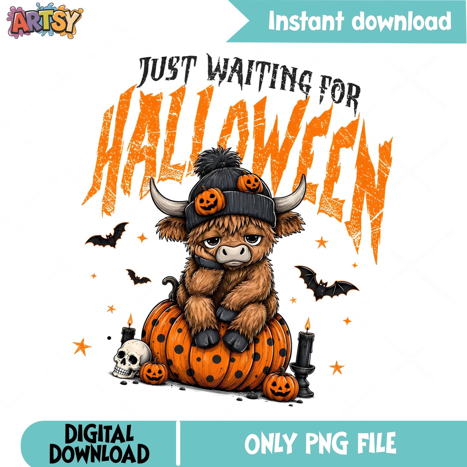 Just Waiting For Halloween Highland Cow PNG, Funny Cow PNG, Halloween PNG