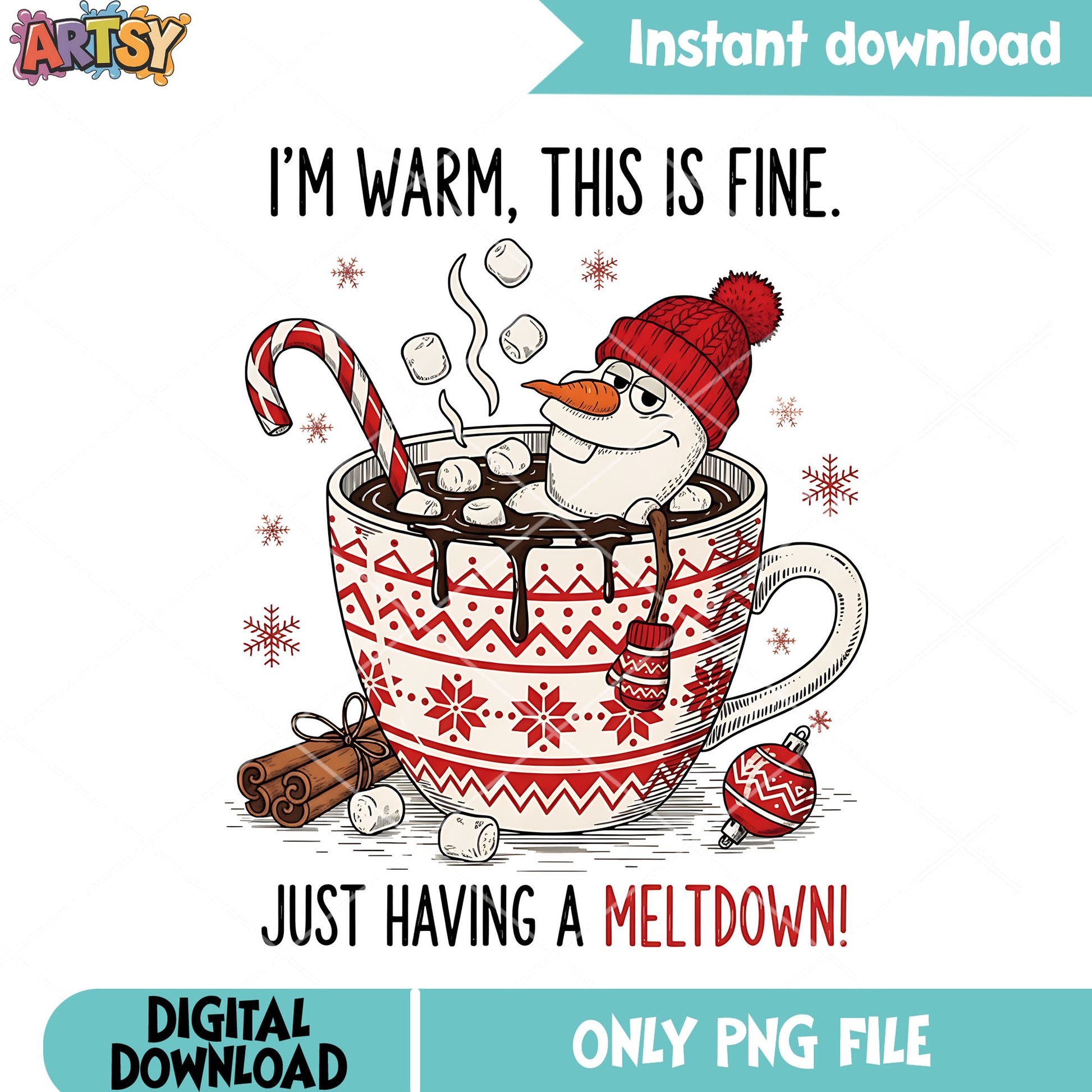 Just having a hot choco png, olaf snowman png, christmas chocolate png
