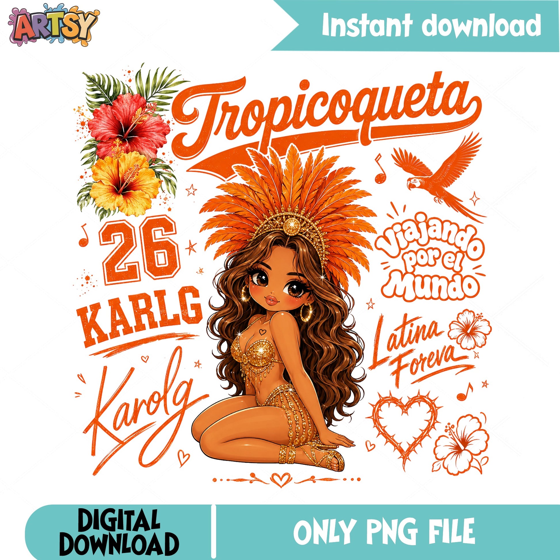 Karol G Tropicoqueta PNG, Latina Girl Sublimation PNG, Karola PNG