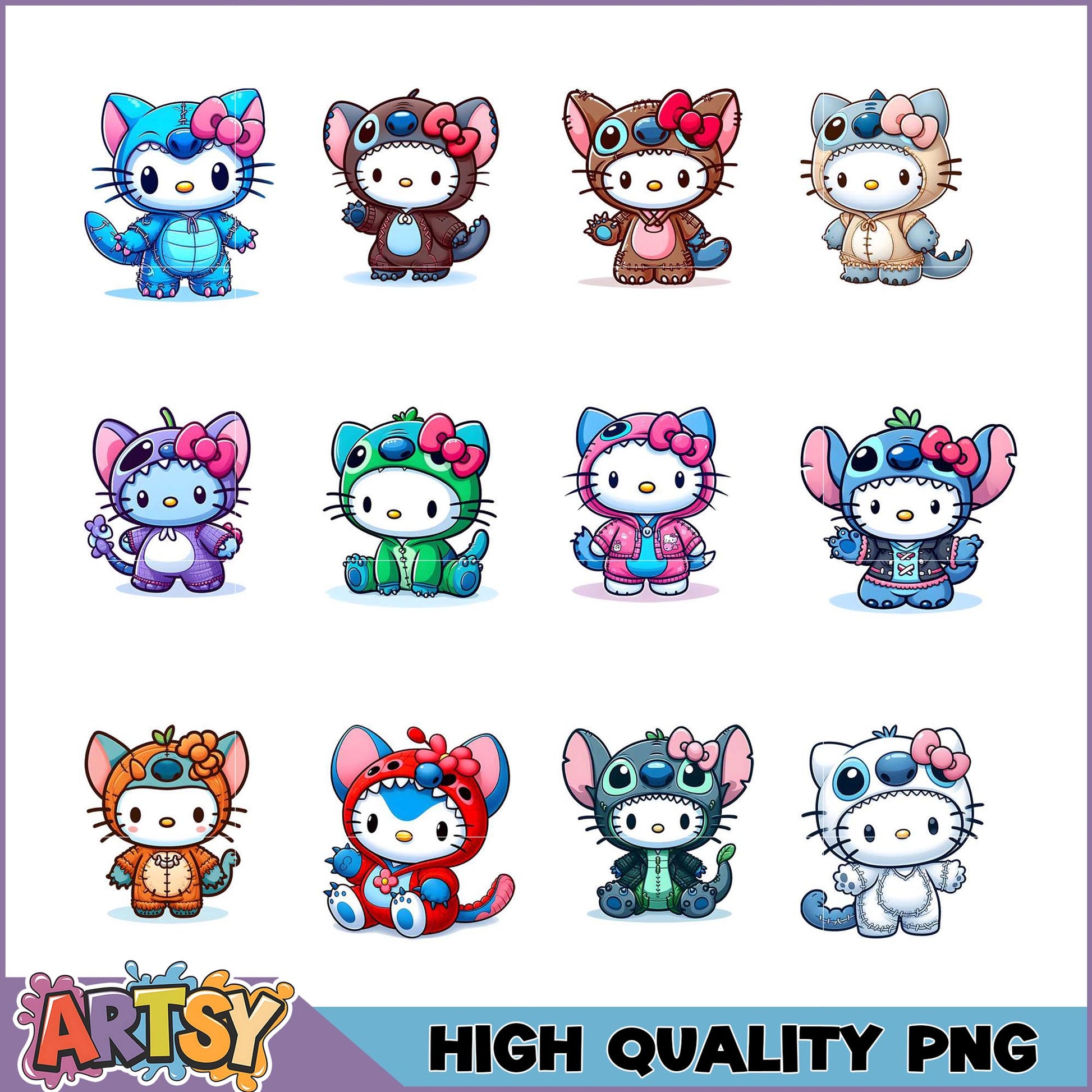 Kawaii Stitch Hello Kitty PNG Bundle 12 High Quality Images
