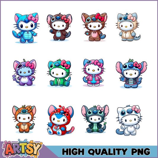 Kawaii Stitch Hello Kitty PNG Bundle 12 High Quality Images