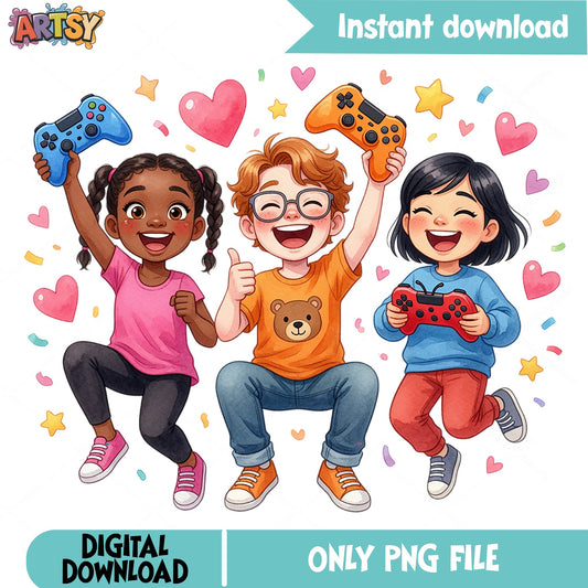 Kids Gaming Clipart PNG, Gamer Kids PNG, Video Game Controller PNG