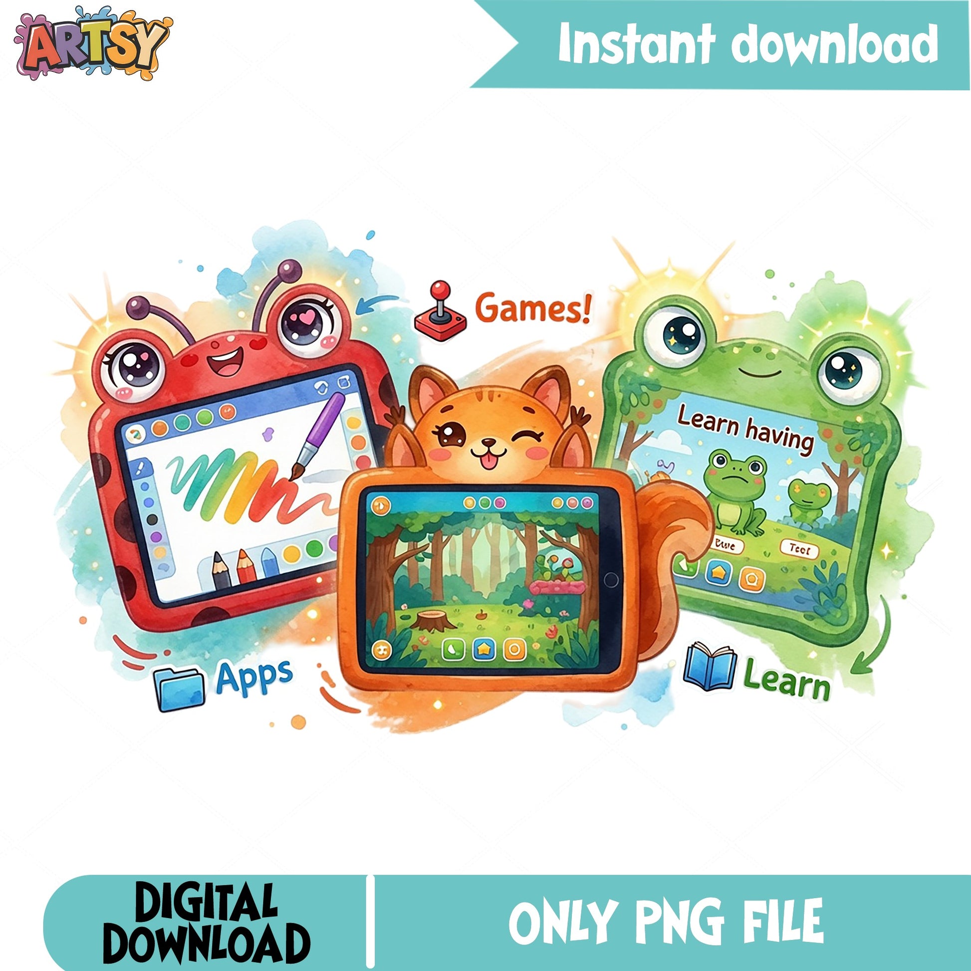 Kids Tablet Clipart PNG, Cute Animal Learning Apps, Children PNG