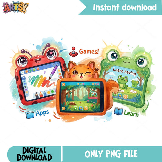 Kids Tablet Clipart PNG, Cute Animal Learning Apps, Children PNG