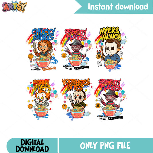 Killer chibi crunch png bundle, horror movies png, horror halloween png