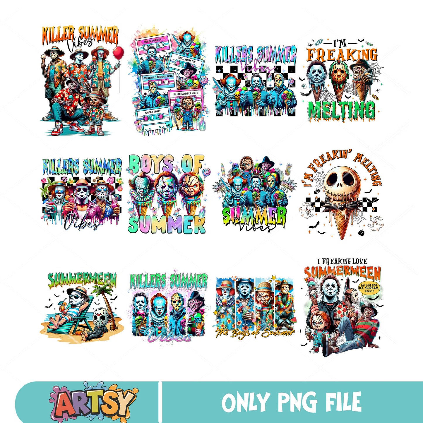 Killer summer colorful png bundle, horror killer png, horror movies png
