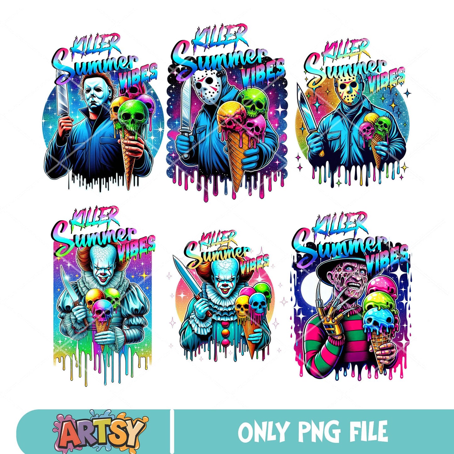 Killer summer ice cream png bundle, horror killer png, summer vibes png