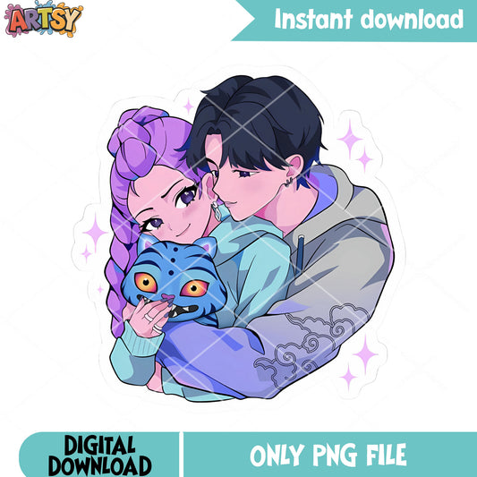 Kpop couple anime poster png, rumi jinu png, saja boys huntrx png
