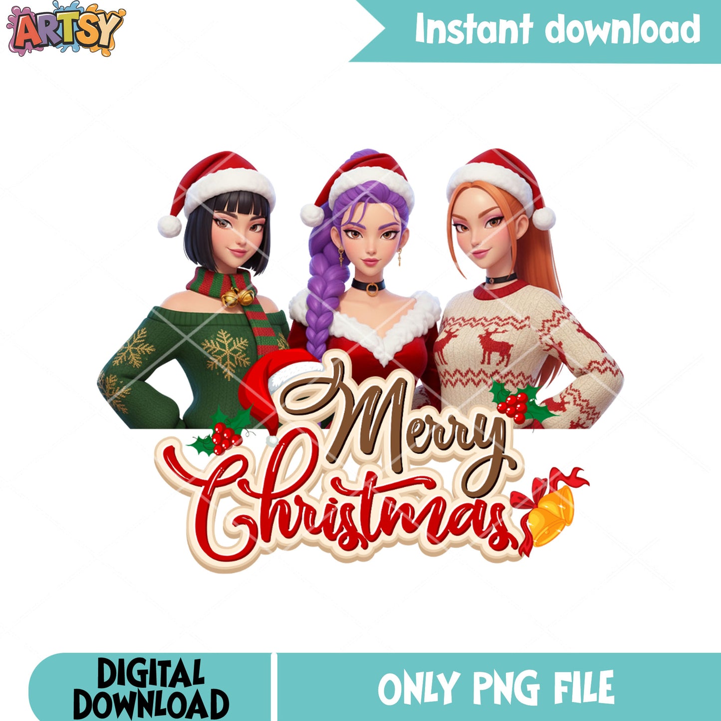 Kpop demon hunter christmas png, merry christmas​ png, huntrix png