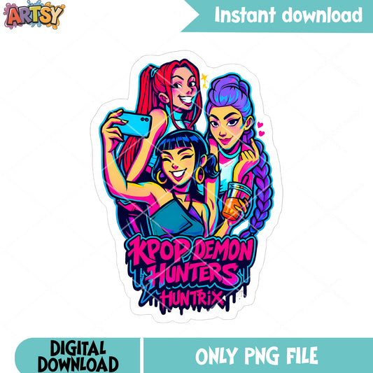 Kpop demon huntrix logo png, girls selfie png, anime poster girls png
