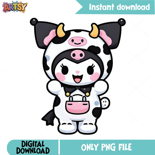 Kuromi Cow Costume PNG, Sanrio Kawaii PNG, Cute Cow PNG